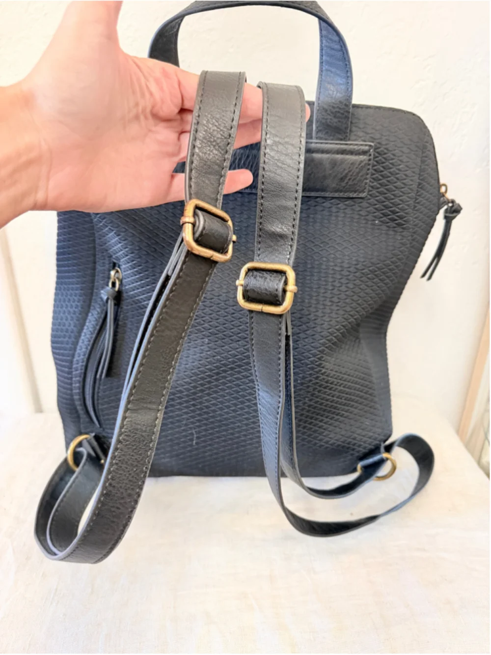 The Sak Black Textured Backpack Purse Olvera Style Zip Pockets Adjustable Straps